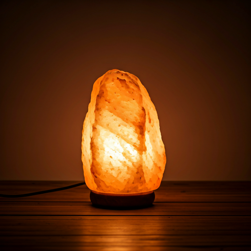 Glowing Himalayan Salt Lamp on a wooden table